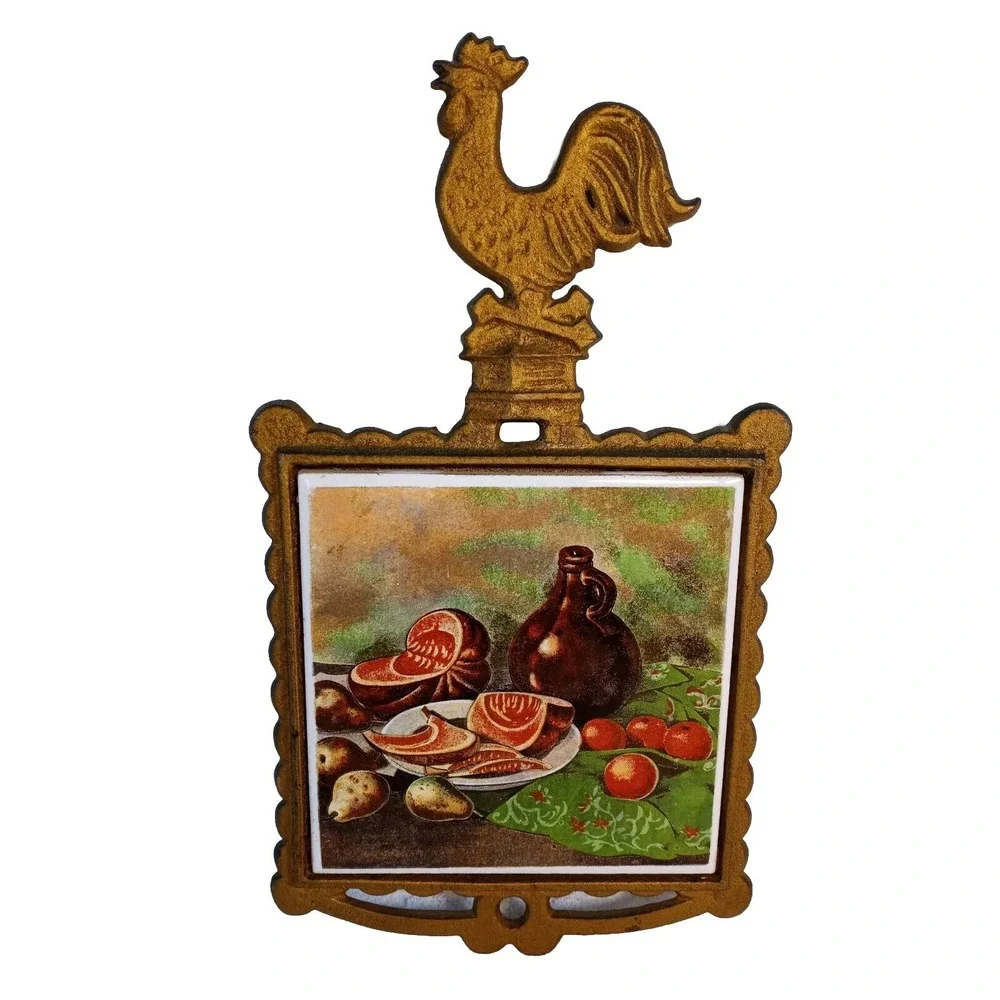 Gold Rooster Handle Cast Iron Vtg Fruit Tile Trivet Hot Plate 13